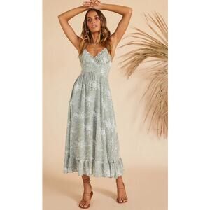 Hello Molly Sage Green Floral Midi Dress Ruffle Hem Boho Sz US 4